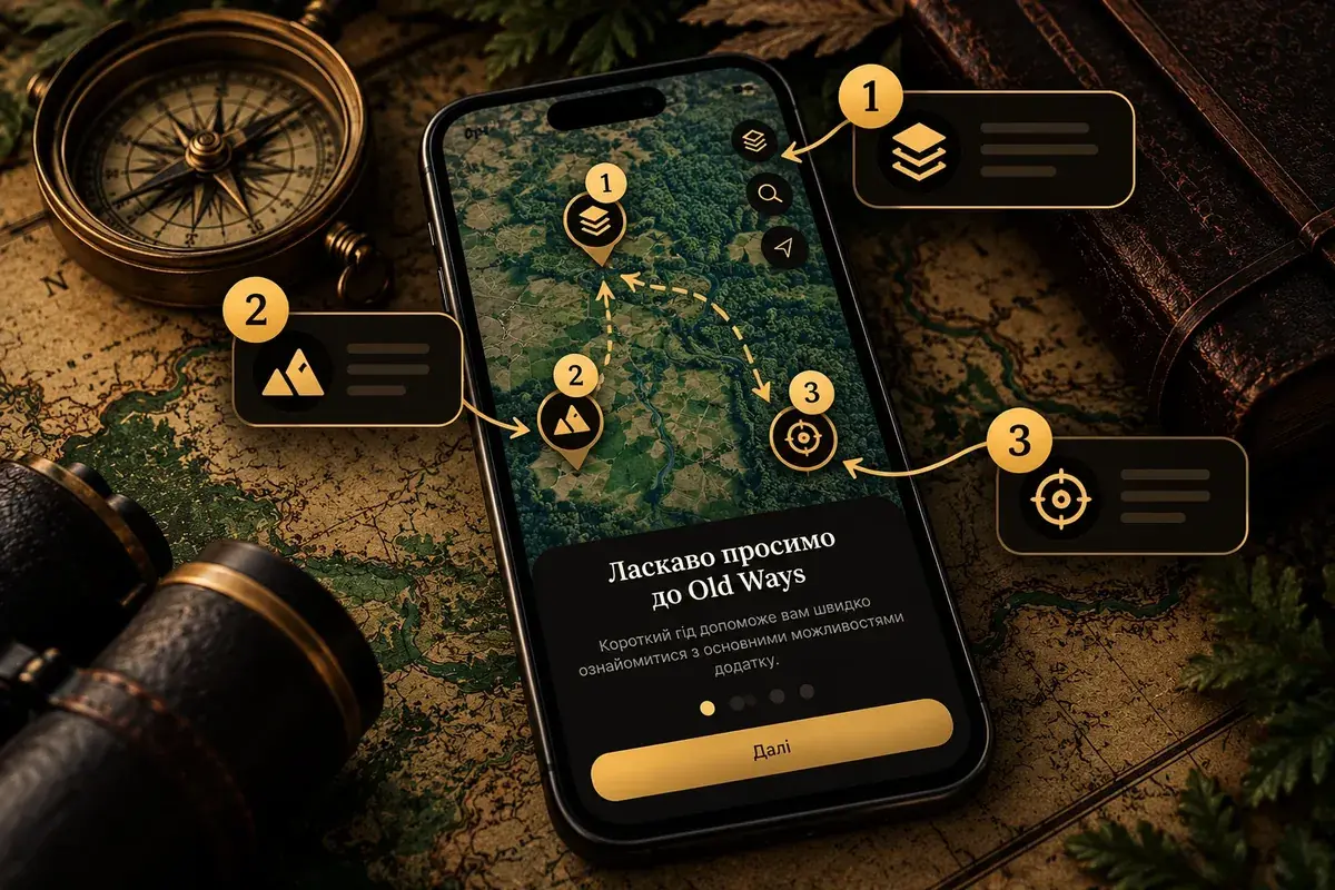 Smartphone showing the Old Ways welcome screen with numbered onboarding steps