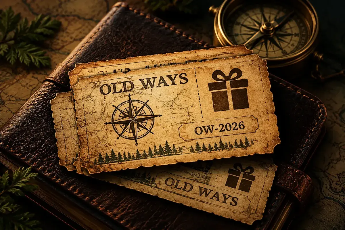 Компасы мен сыйлық белгішесі бар ескі үлгідегі Old Ways ваучерлері