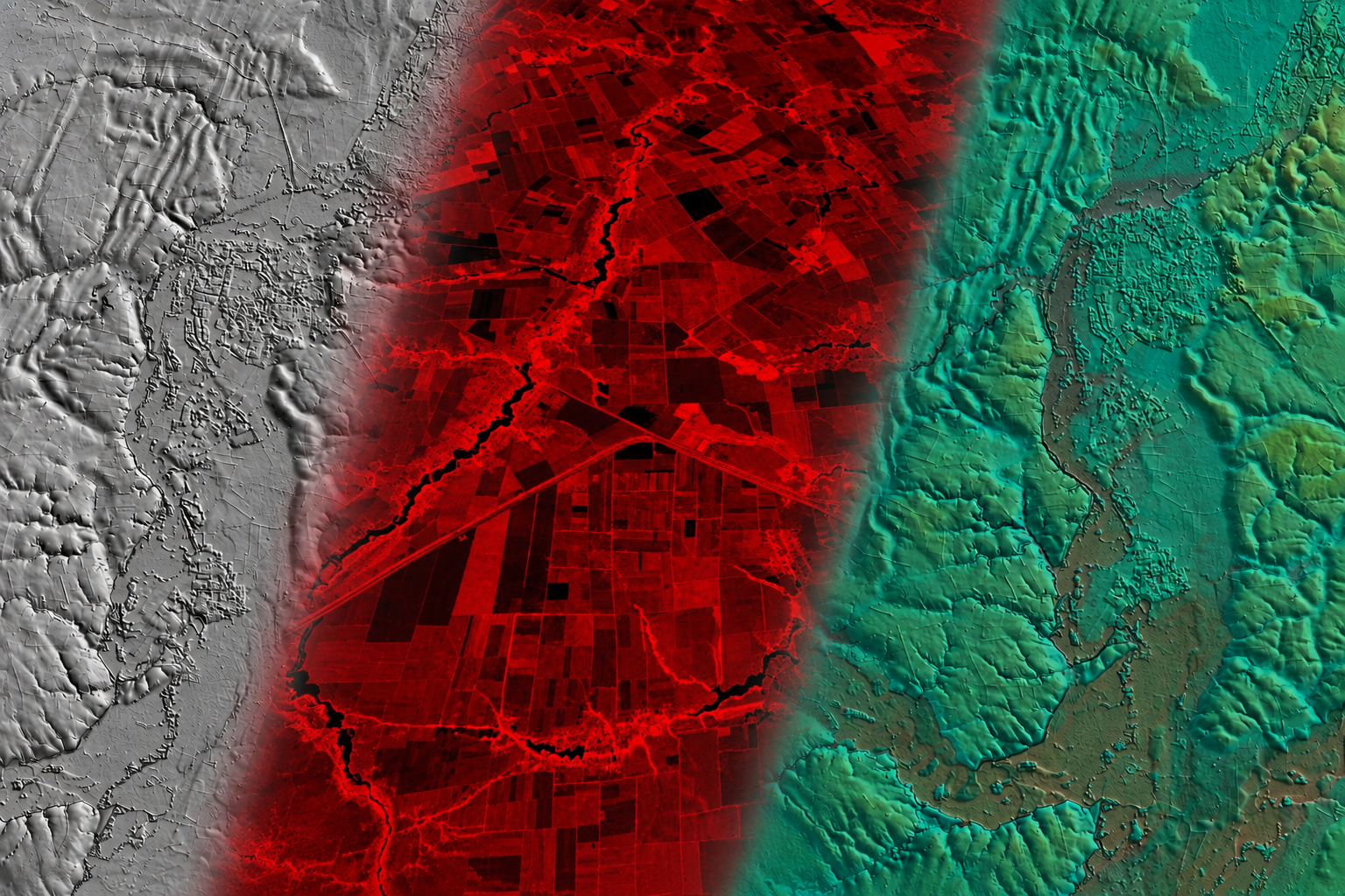 The same landscape shown with grey, red and green-teal terrain shading